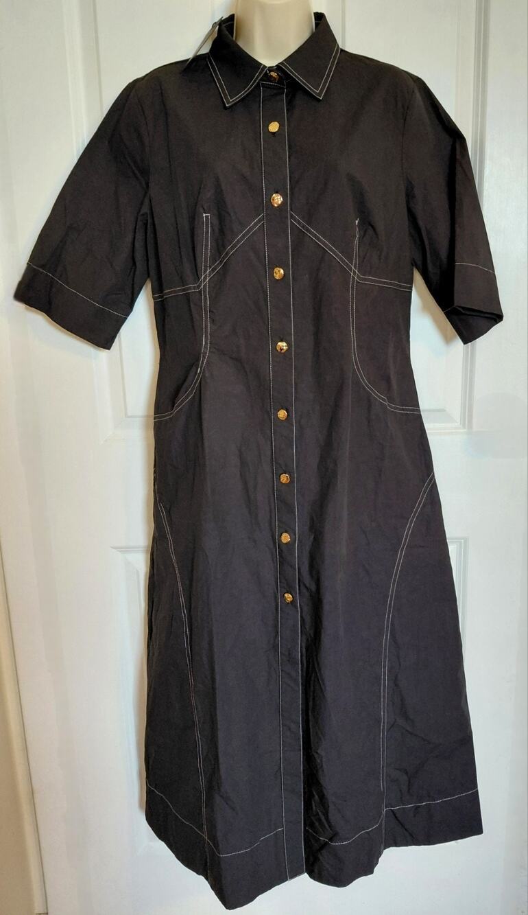 NWT Heyson Scandi Style Contrast Stitch Shirt Dress Midi Black Gold Button Large